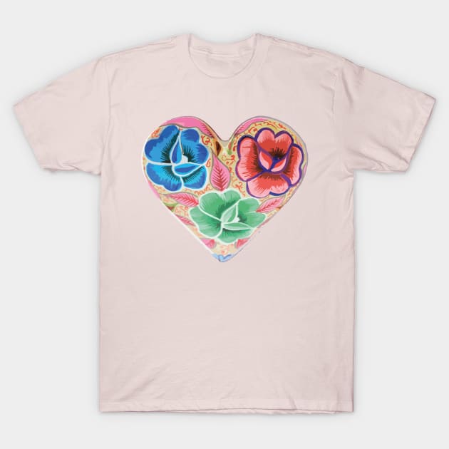 Mexican embroidery heart tehuana flowers pastel colors mexican market T-Shirt by T-Mex